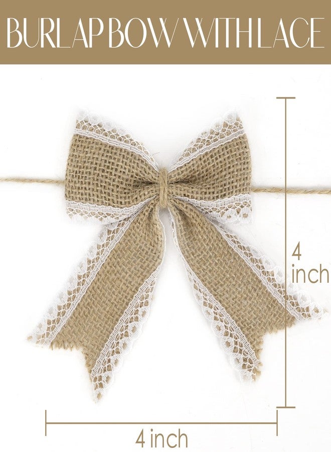 AIMUDI Natural Burlap Bows with Lace 4 Inch Handmade White Lace Jute Bows Pre Tied Gift Bows for Crafts Burlap Bows for Christmas Trees Vintage Wedding Decorative Bows for Party - 12 Counts - Image 2